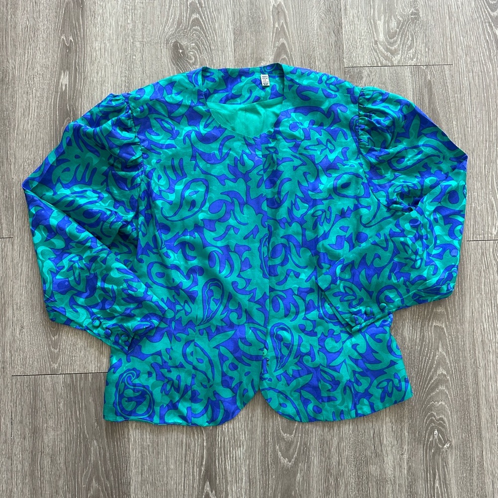 Vintage 80s Adrianna Papell Vibrant Blue and Turquoise Women's Blouse Size 16